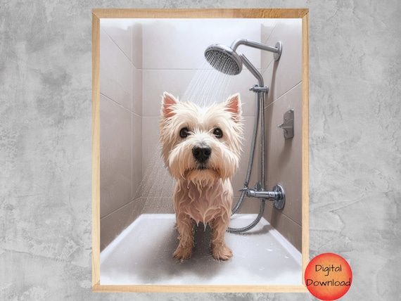 Westie Funny Bathroom West Highland Terrier In Shower Wall Art Mom Gift Pet Animal Humor Print Loo
