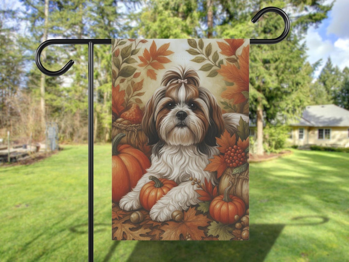 Cute Shih Tzu Autumn Pumpkins Garden Flag Fall Leaves Poster