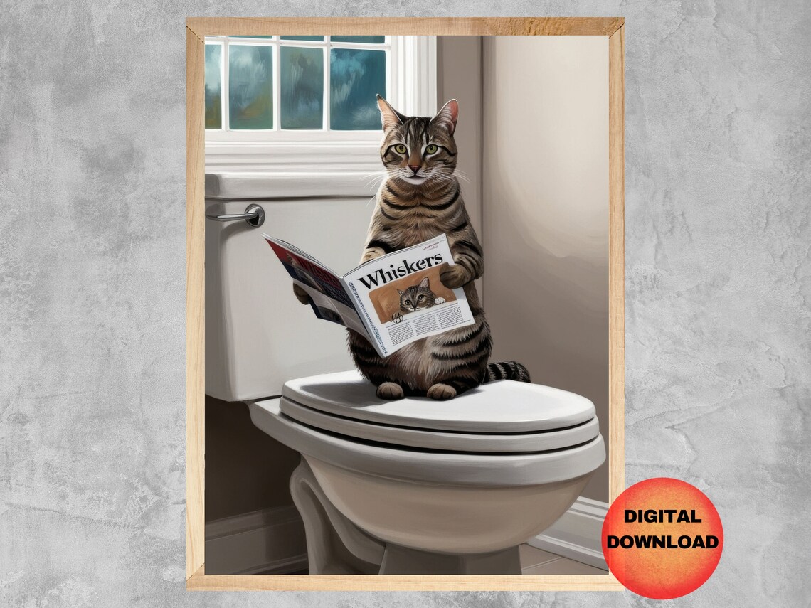 Tabby Cat Bathroom On Toilet, Funny Poster