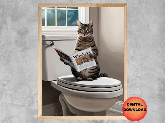 Tabby Cat Bathroom On Toilet, Funny Poster