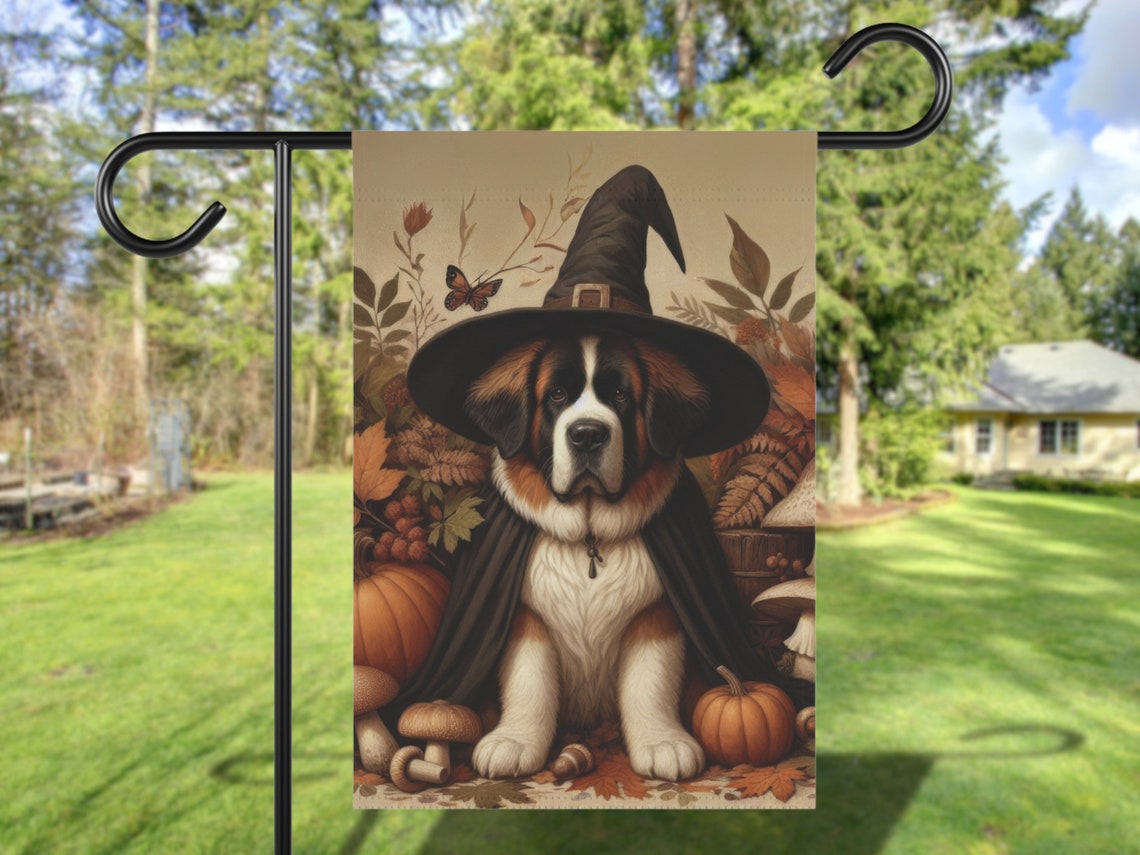 Saint Bernard Witch Hat Halloween Autumn Garden Flag Art Print