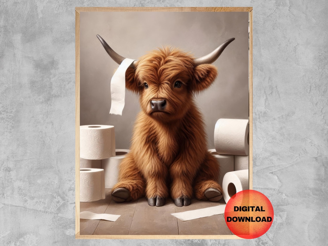 Funny Highland Cow Bathroom Art Print, Scottish Humor