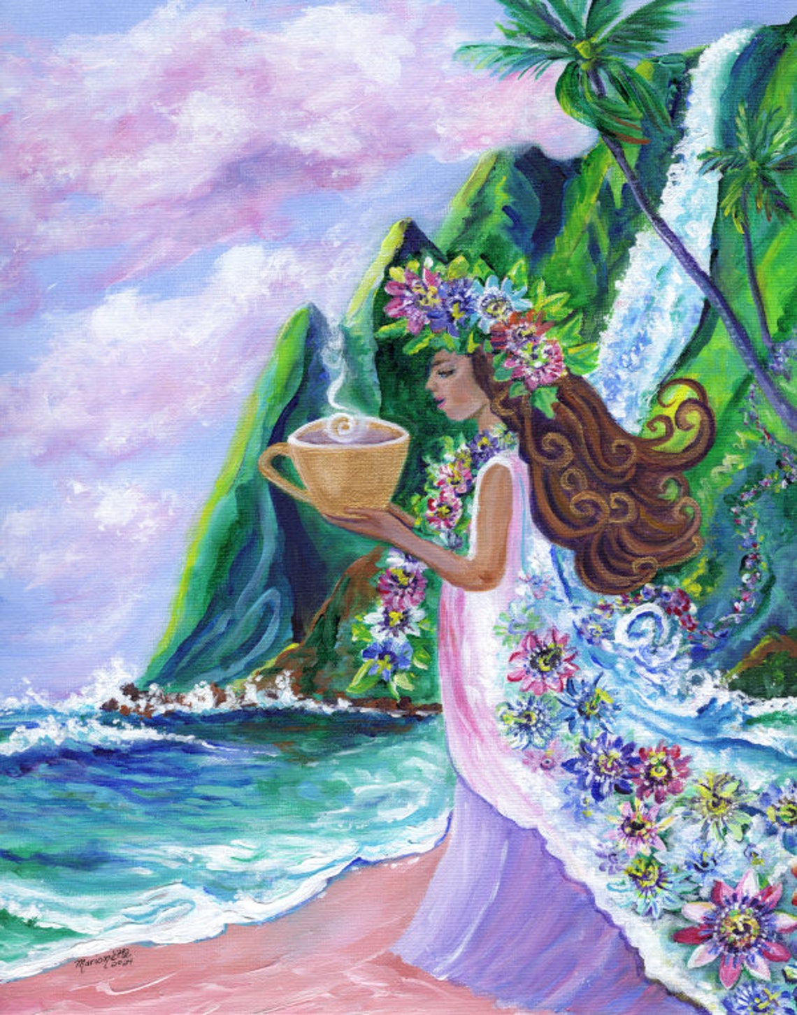 Hawaiian Goddess Holding Cup Waterfall Beach Lilikoi Flower Art Print