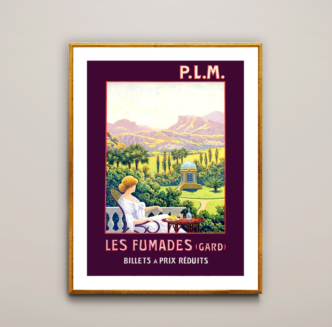 Les Fumades Gard P L M Woman on Terrace Valley View Vintage Poster