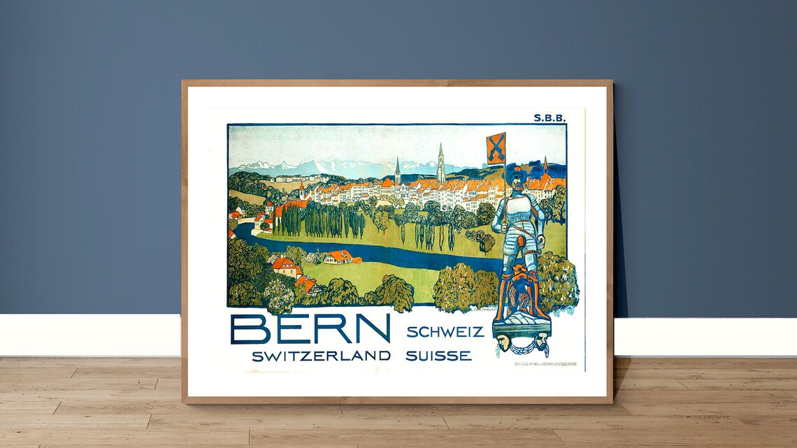 Bern Switzerland Vintage SBB Swiss Capital City Travel Poster