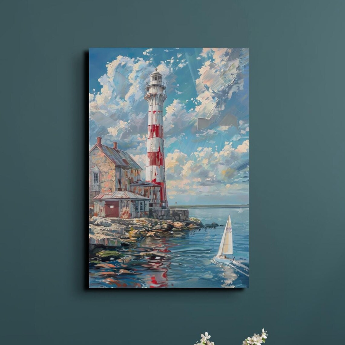 Red and White Lighthouse With Sailboat Coastal Seascape Poster