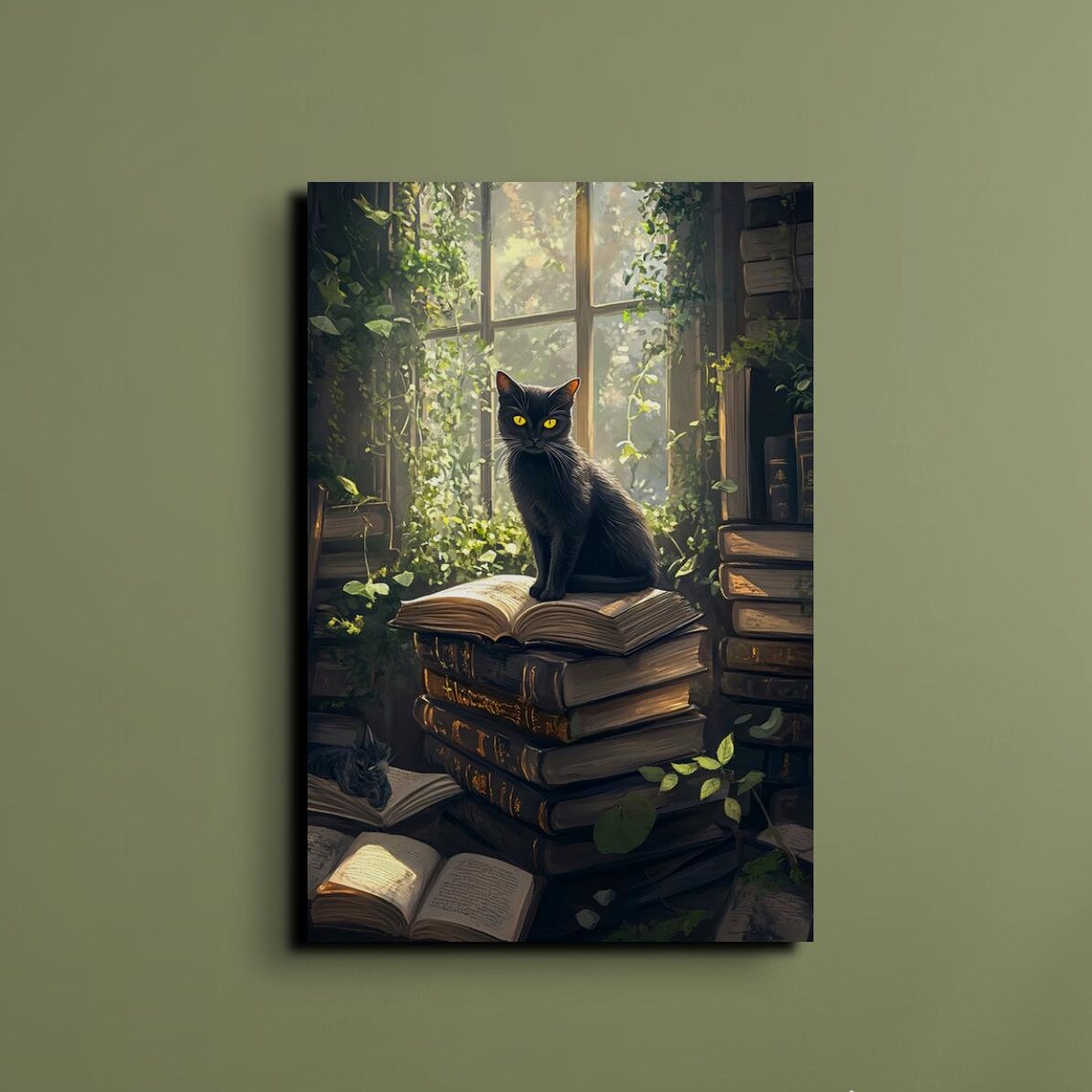 Black Cat with Golden Eyes on Stack of Old Books Window Poster