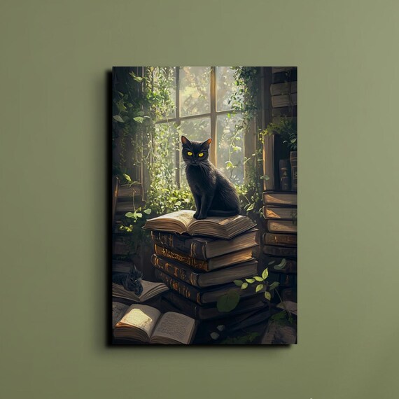 Black Cat with Golden Eyes on Stack of Old Books Window Poster