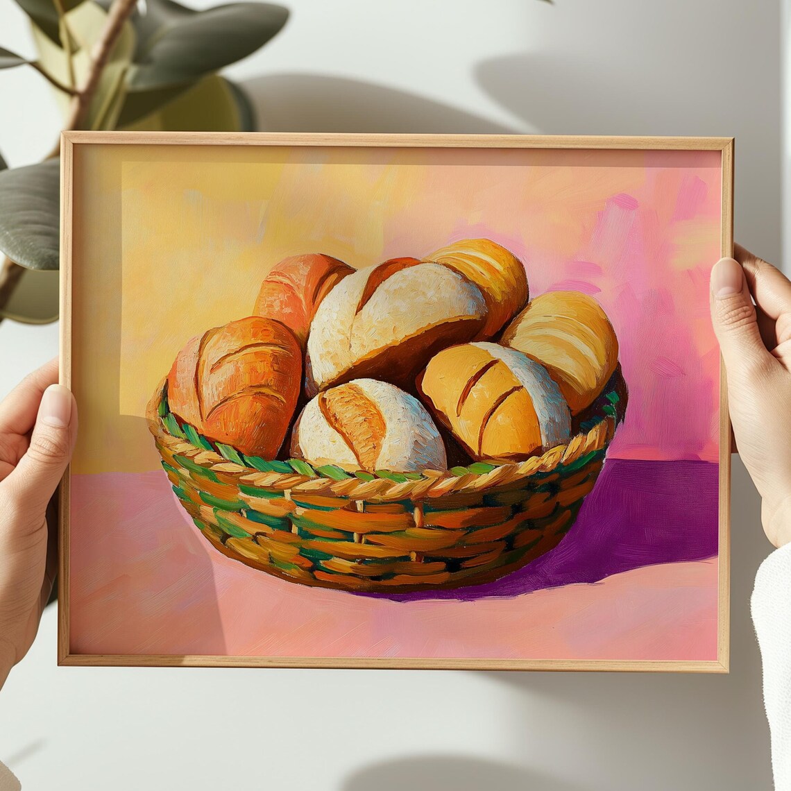 Woven Basket Of Fresh Golden Bread Rolls On Pink Background Poster - Image 3