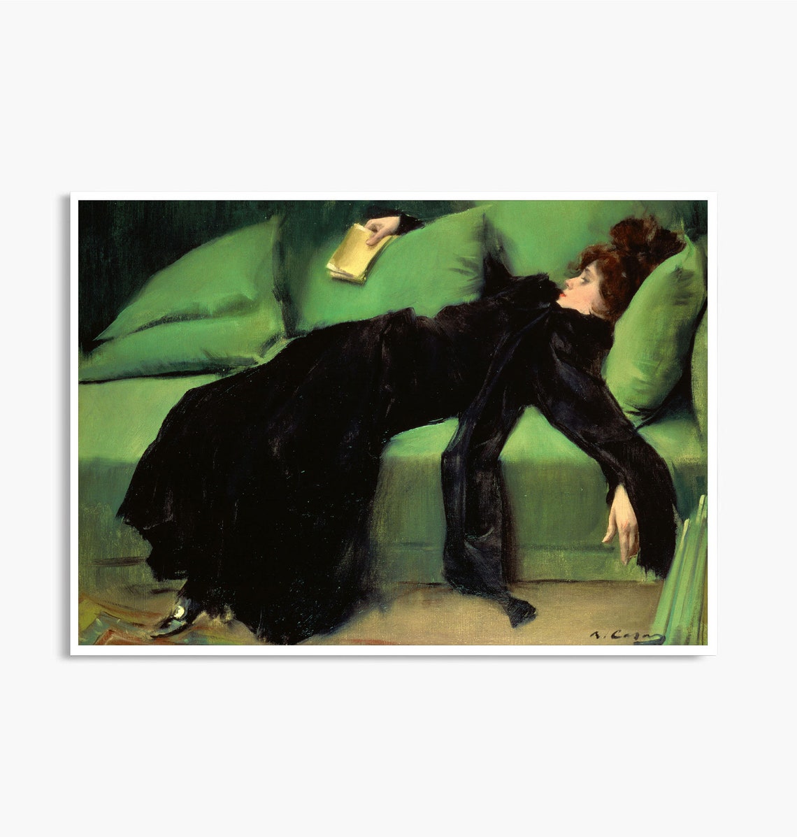 After the Ball by Ramon Casas Woman Resting on Green Sofa Poster - Image 4