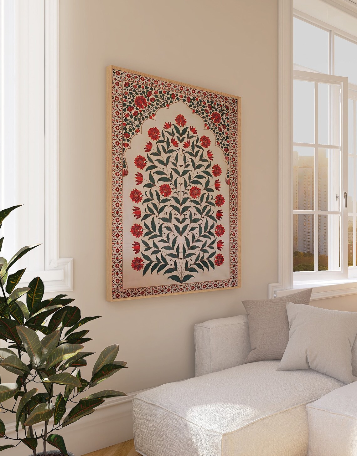 Traditional Indian Mughal Floral Jaal Red and Green Folk Art Poster