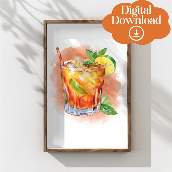 Mai Tai Watercolor Wall Art Print Summer Cocktail Illustration Trendy Poster Kitchen Decor Bar Cart