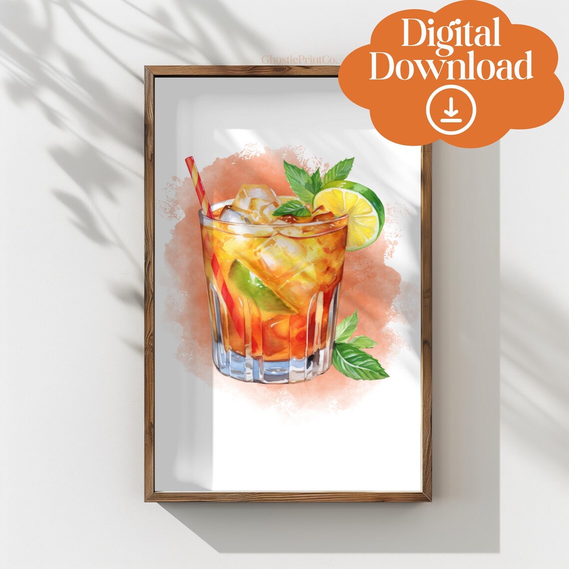 Mai Tai Cocktail Watercolor Tiki Summer Bar Cart Decor Tropical Art Poster