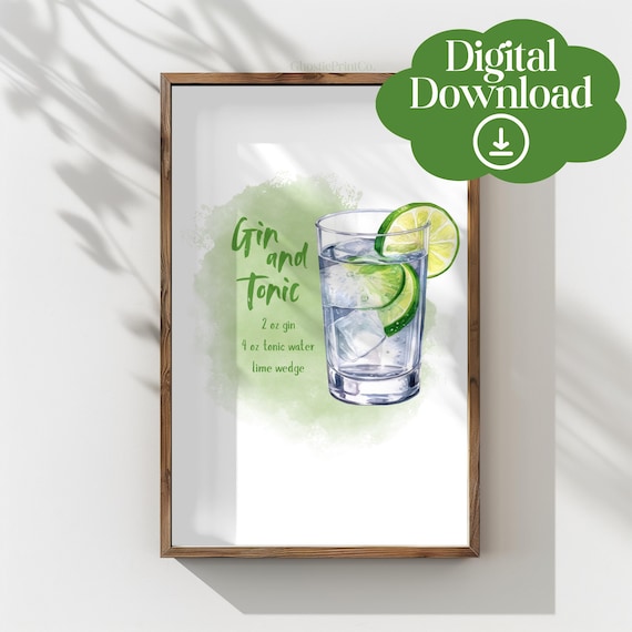 Gin And Tonic Recipe Watercolor Cocktail Art Bar Kitchen Poster