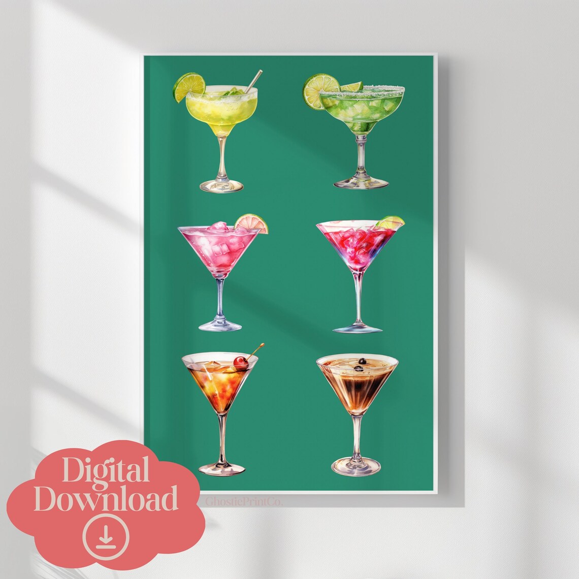 Six Watercolor Martini Cocktails Teal Bar Cart Decor Wall Gallery Art Poster