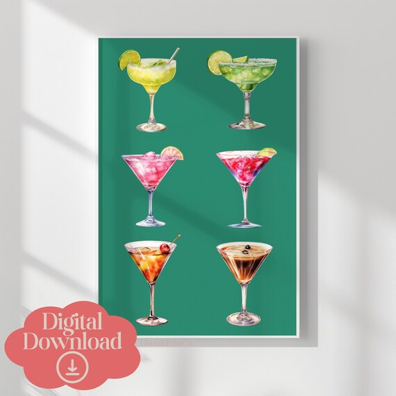 Six Watercolor Martini Cocktails Teal Bar Cart Decor Wall Gallery Art Poster