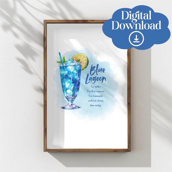 Blue Lagoon Cocktail Recipe Watercolor Bar Cart Kitchen Poster