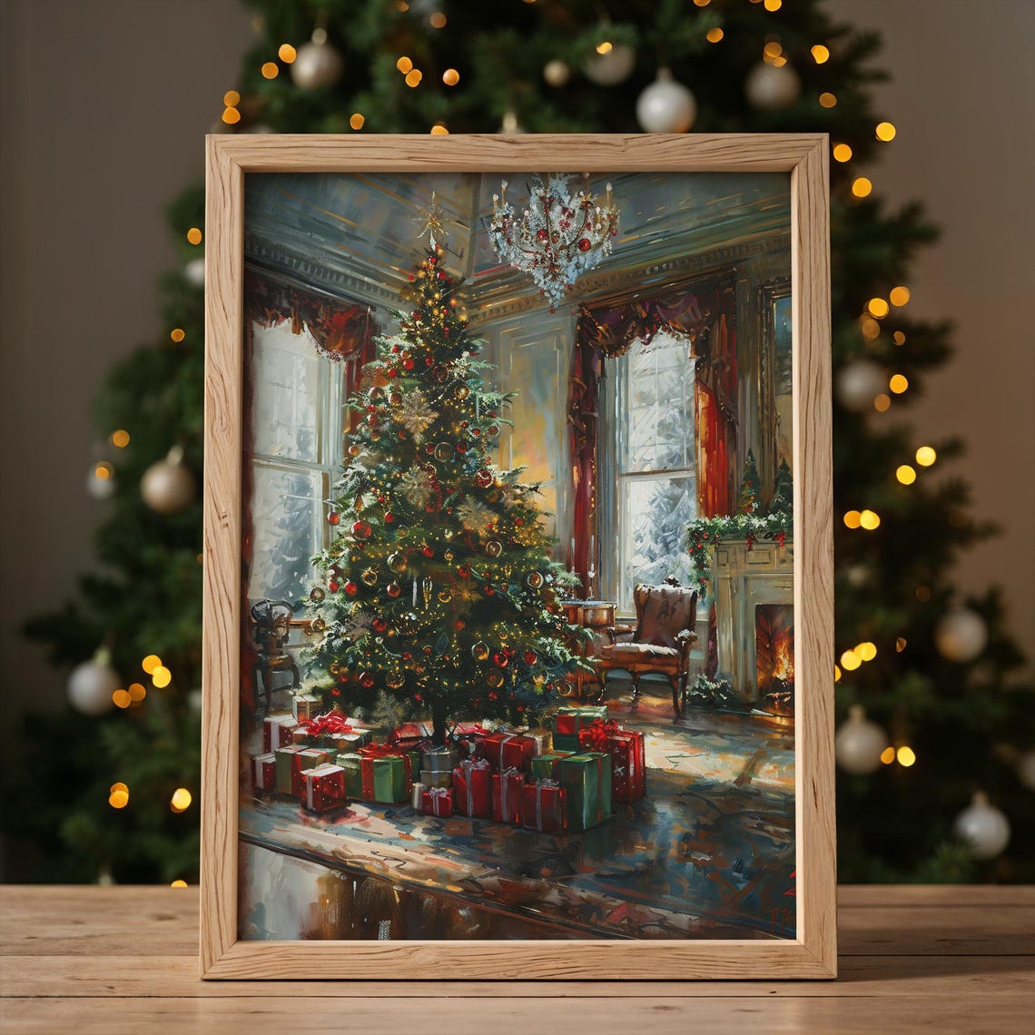 Classic Christmas Tree Parlor Gifts Chandelier Vintage Holiday Poster