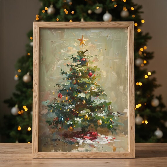 Vintage Christmas Tree Star Topper Ornaments Painterly Holiday Poster