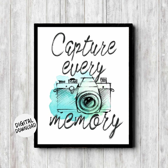 Photography Quote Decor Photographer Gift Hand Drawn Watercolor Camera Print Capture Every Memory Minimalist Wall Art
