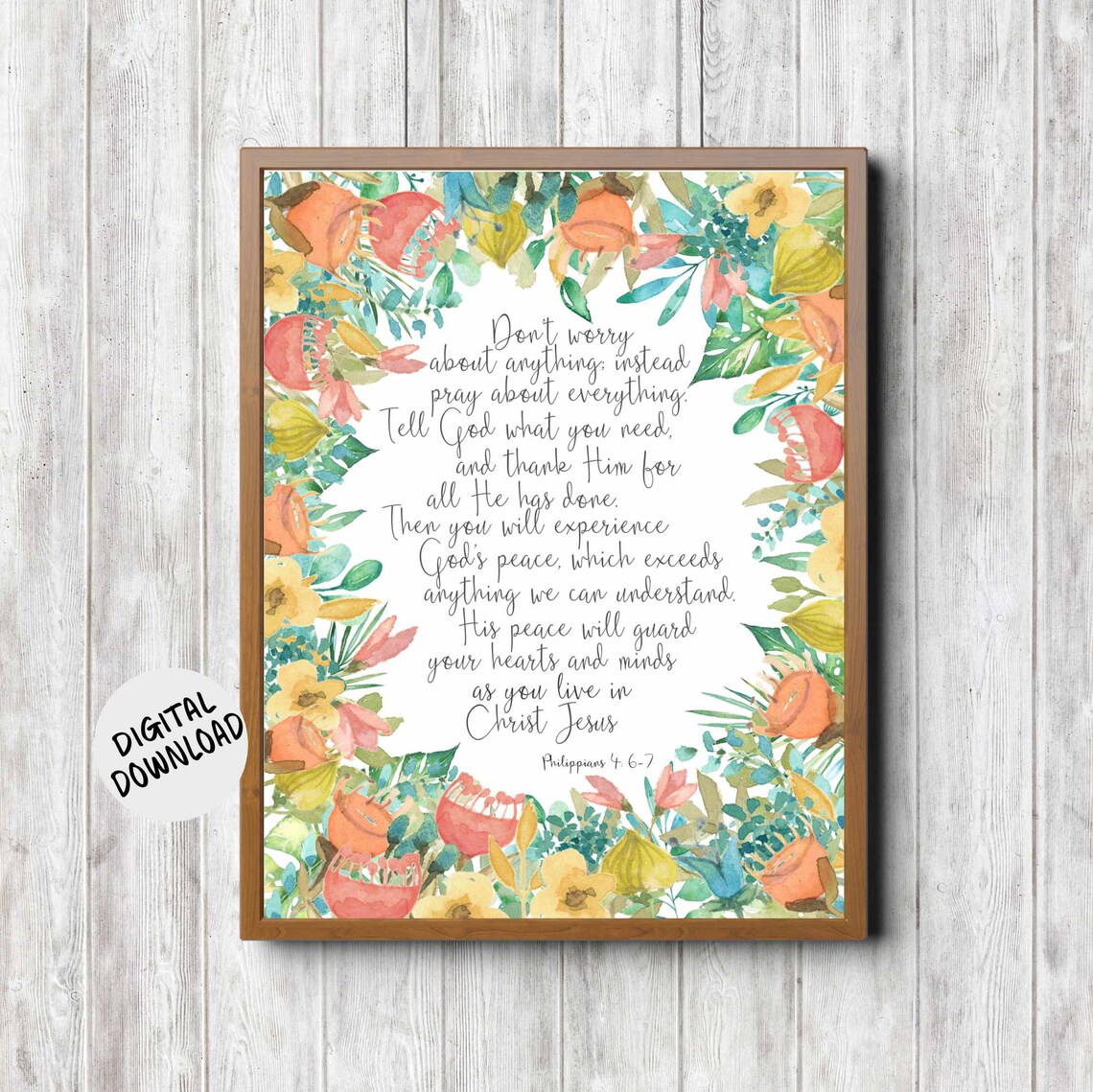 Philippians 4:6-7 Watercolor Flowers Scripture Art Print