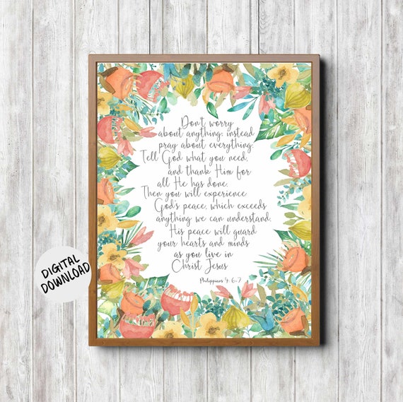 Philippians 4:6-7 Watercolor Flowers Scripture Art Print