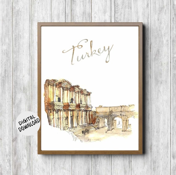 Library Of Celsus Watercolor Print Ancient Turkey Landmark Art For Travel Nursery Decor