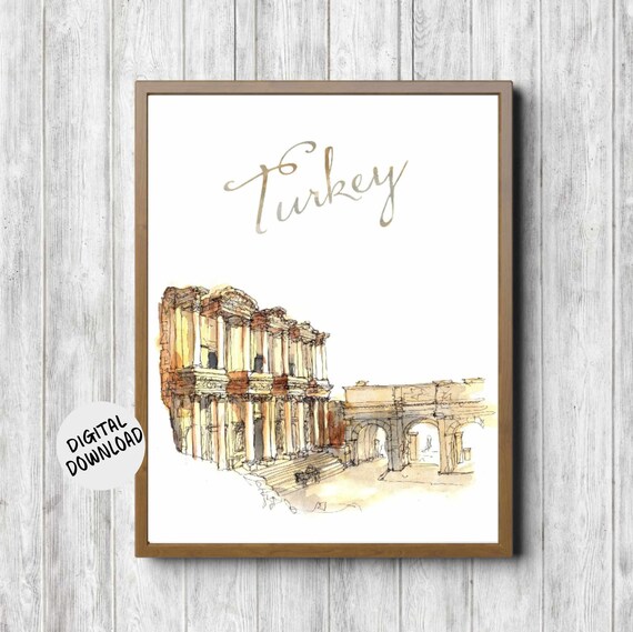 Turkey Library Of Celsus Watercolor Ancient Landmark Travel Poster