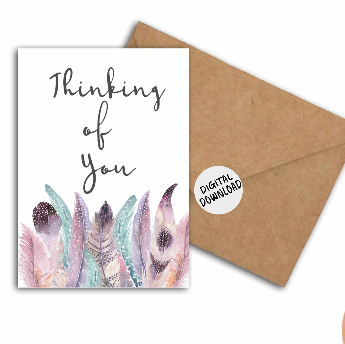 Thinking Of You Boho Watercolor Feathers Card