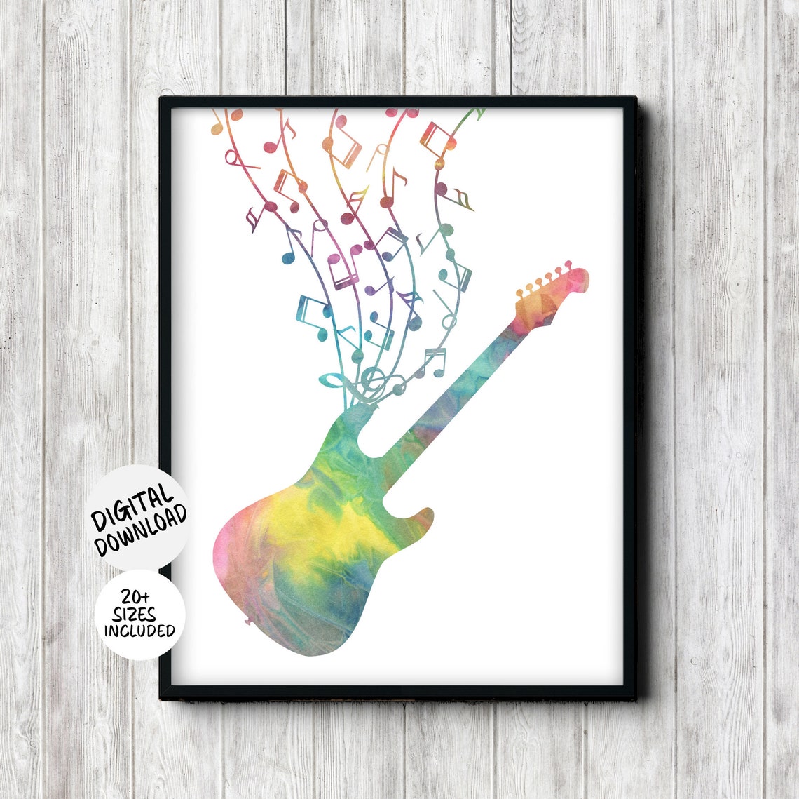 Watercolor Electric Guitar With Colorful Music Notes Rock Poster