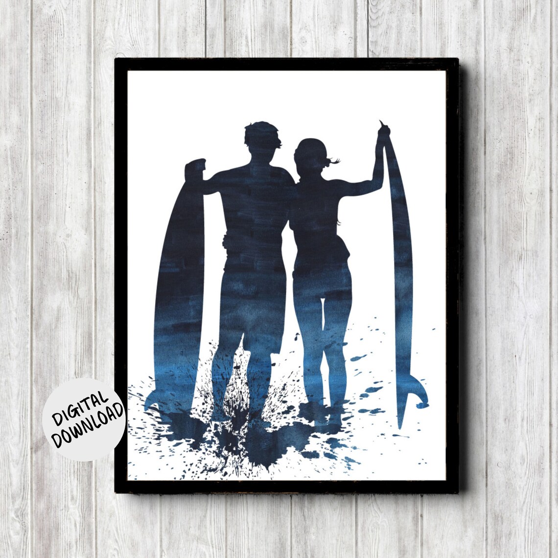 Surfer Couple Silhouette Surfboards Navy Watercolor Beach Art Print
