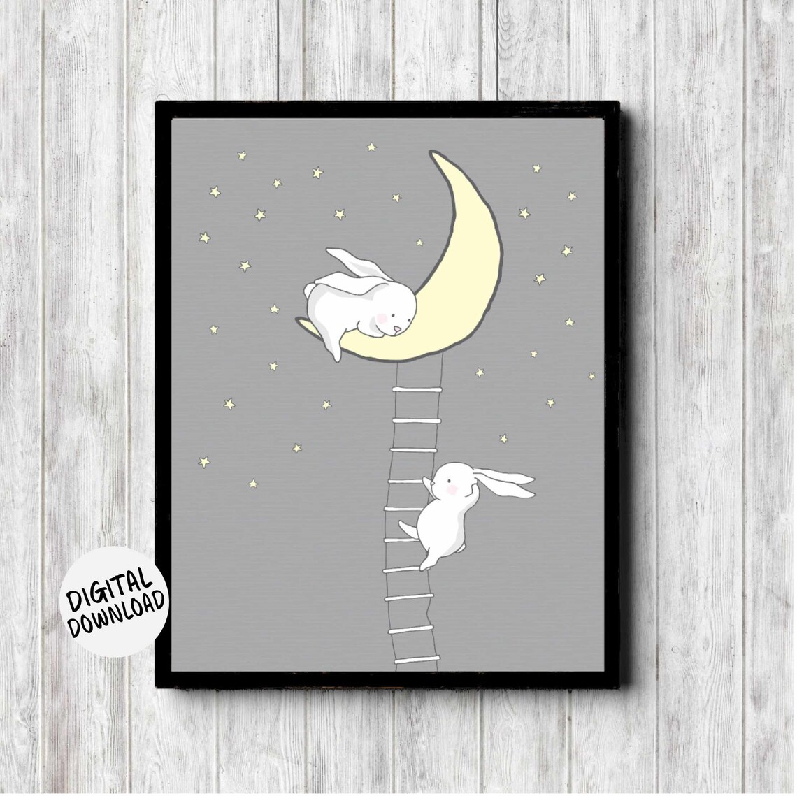 Cute Bunnies Climbing Ladder To The Moon Nursery Kids Room Poster