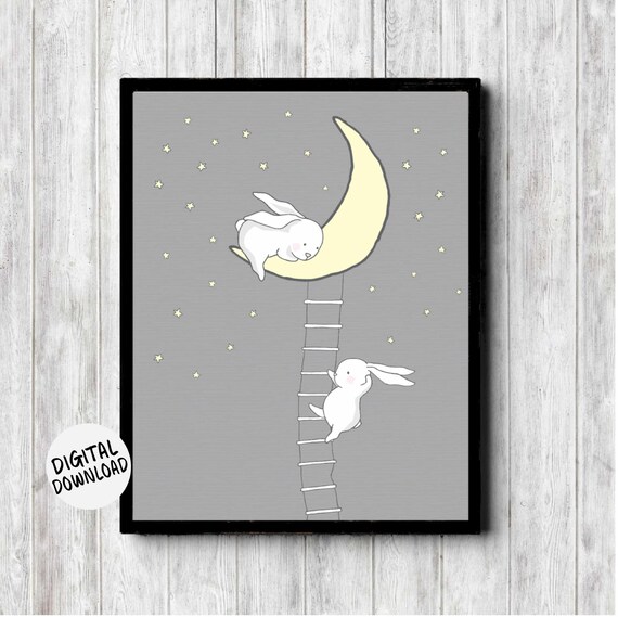 Cute Bunnies Climbing Ladder To The Moon Nursery Kids Room Poster