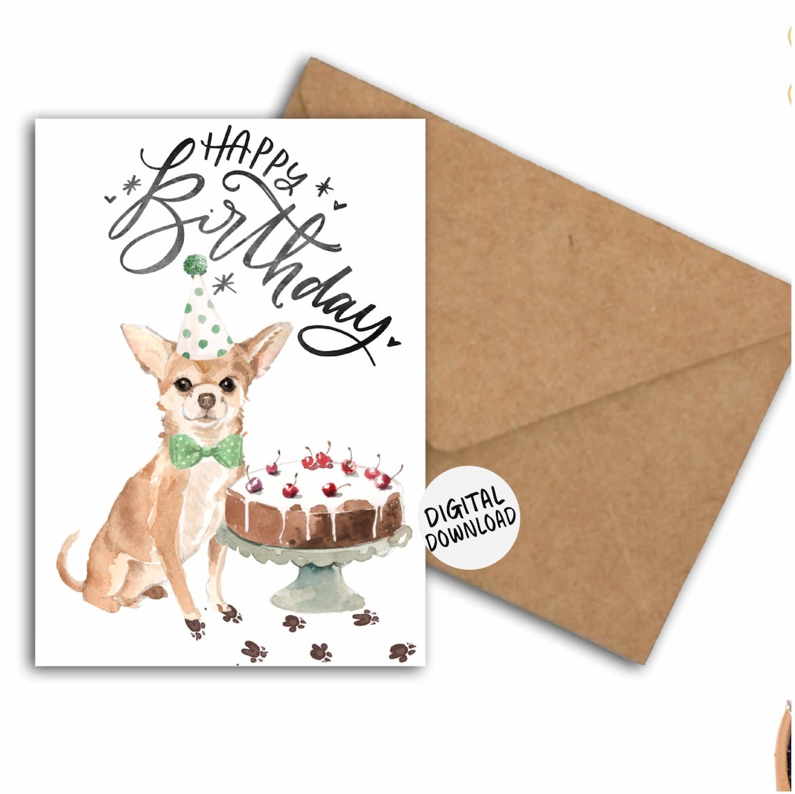 Chihuahua Happy Birthday Card, Watercolor Dog Print