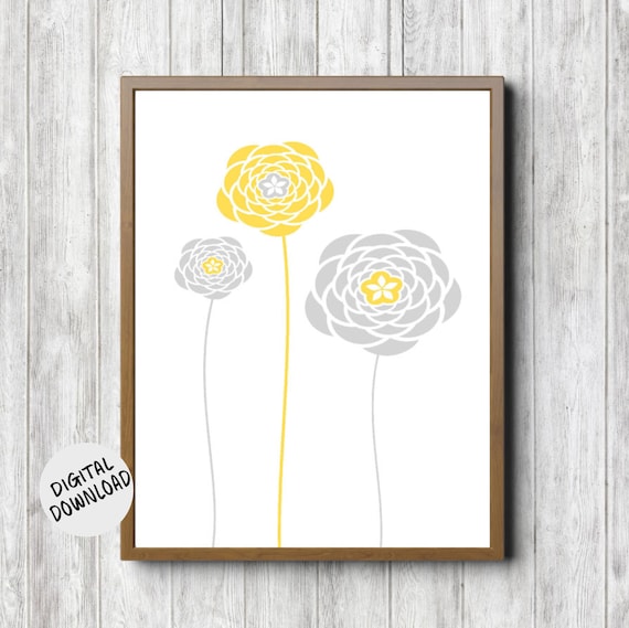 Long Stem Flowers Gray and Yellow Art Print