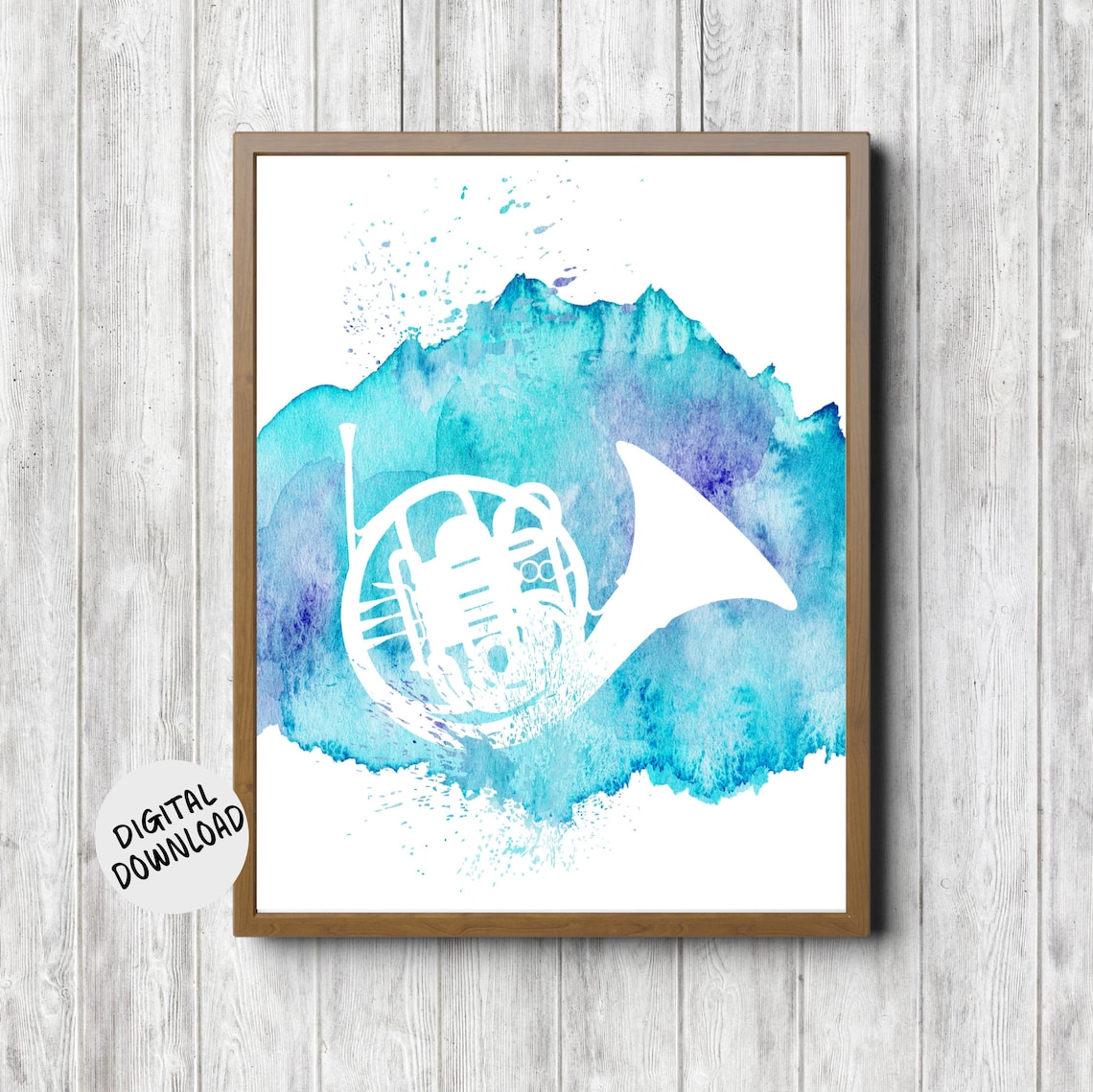 White French Horn Silhouette Teal Watercolor Music Instrument Wall Poster