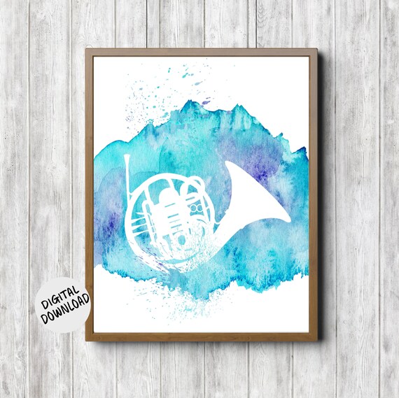 White French Horn Silhouette Teal Watercolor Music Instrument Wall Poster
