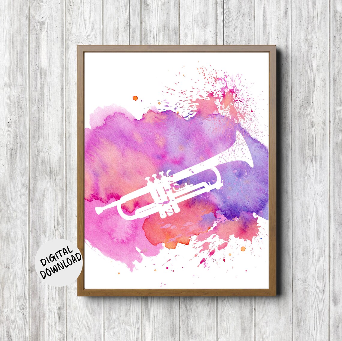 White Trumpet Silhouette Pink Purple Watercolor Music Instrument Poster