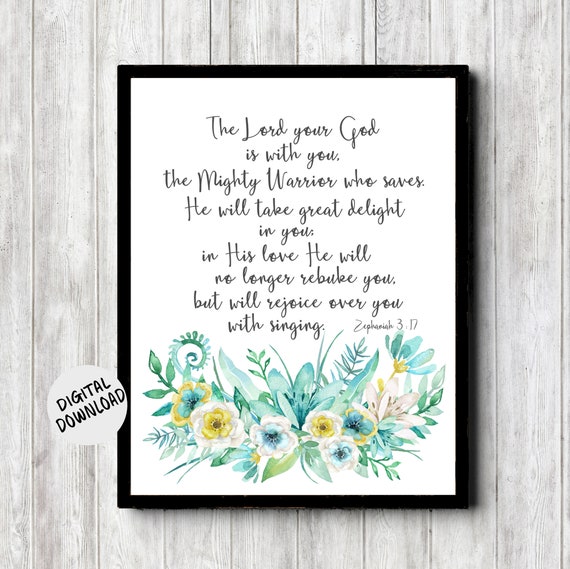 Zephaniah 3 17 Scripture Wall Art God Is With You Bible Verse Decor Watercolor Christian Print