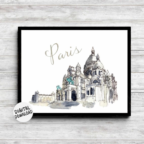 Paris Monument Poster Sacre Coeur Watercolor Print Famous Landmark Office Nursery Wall Art Gift For Traveler