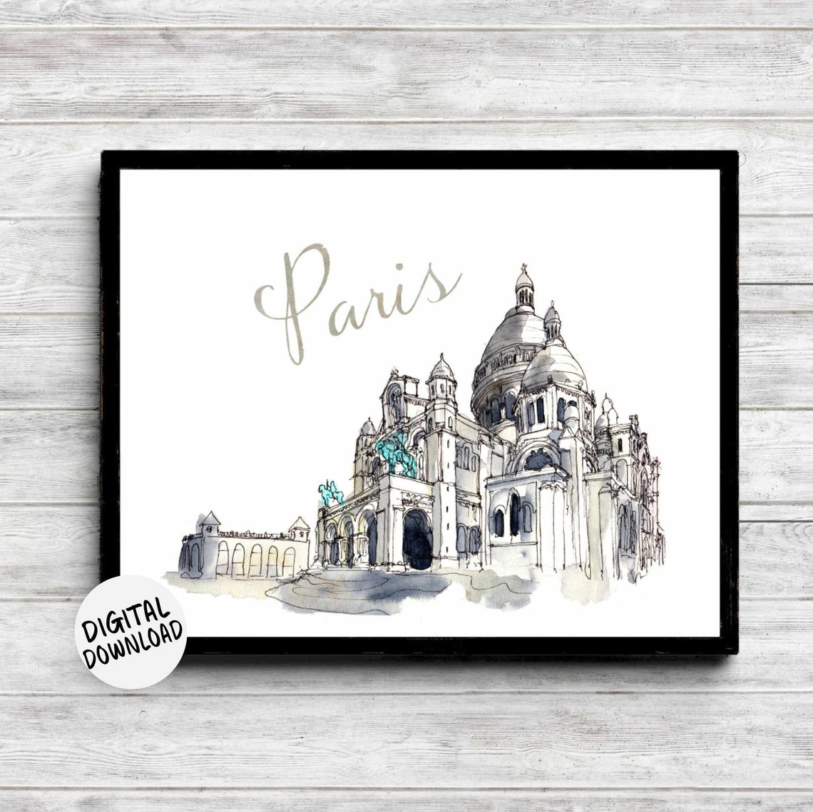 Paris Sacre Coeur Basilica Watercolor Gold Script Travel Print