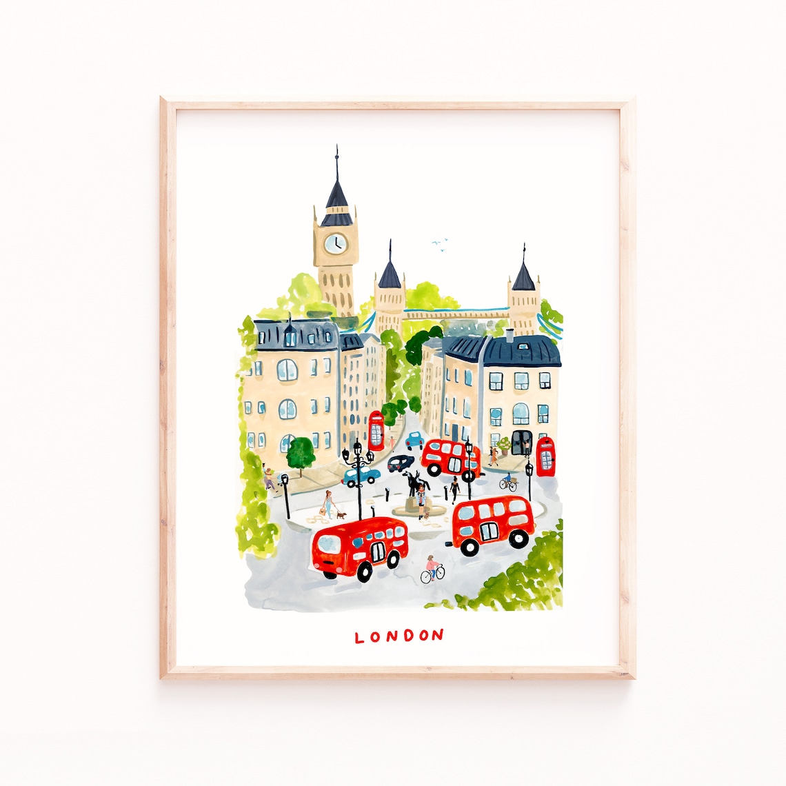 London Scene Watercolor Art Print, Travel Poster