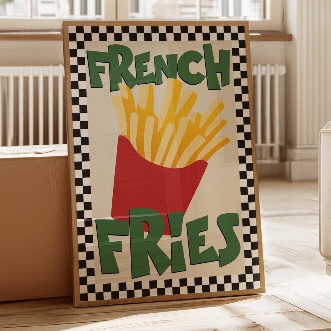 Retro French Fries Checkerboard Border Vintage Kitchen Art Poster