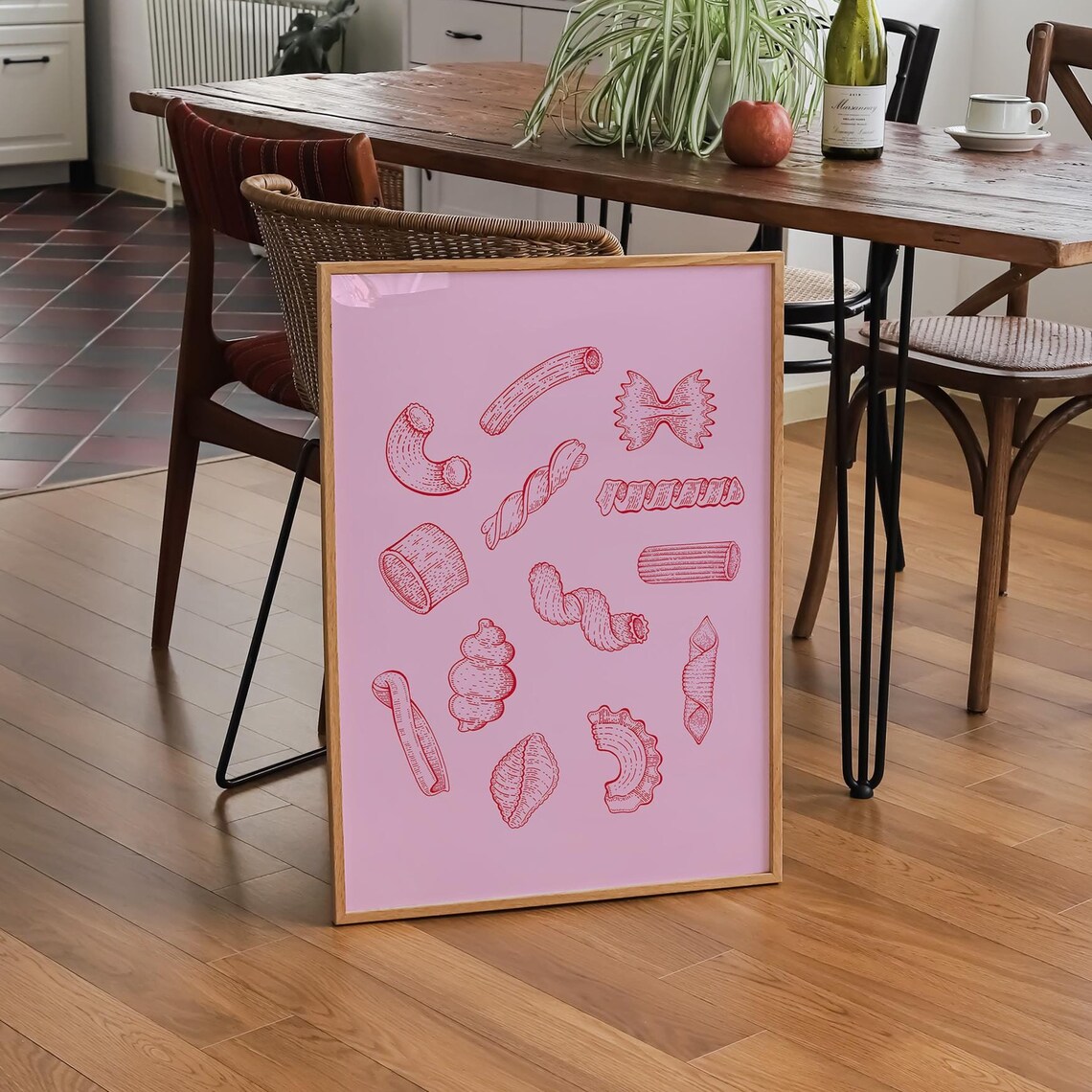 Red Pasta Shapes Line Art Sketch Italian Pink Kitchen Foodie Poster - Image 4