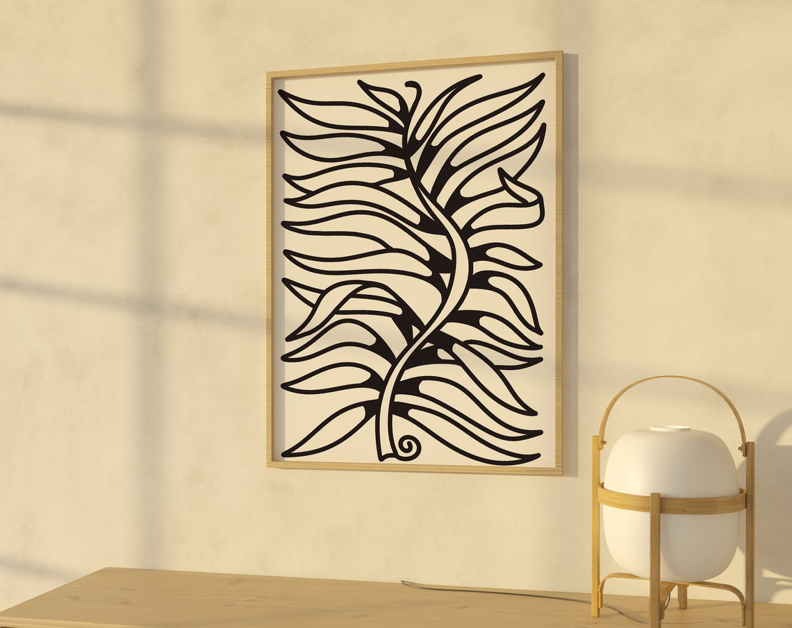 Minimalist Black Line Art Leaf Branch Mid Century Botanical Poster