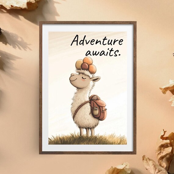 Alpaca Adventure Awaits Poster Backpacking Llama Nursery Wanderlust Art