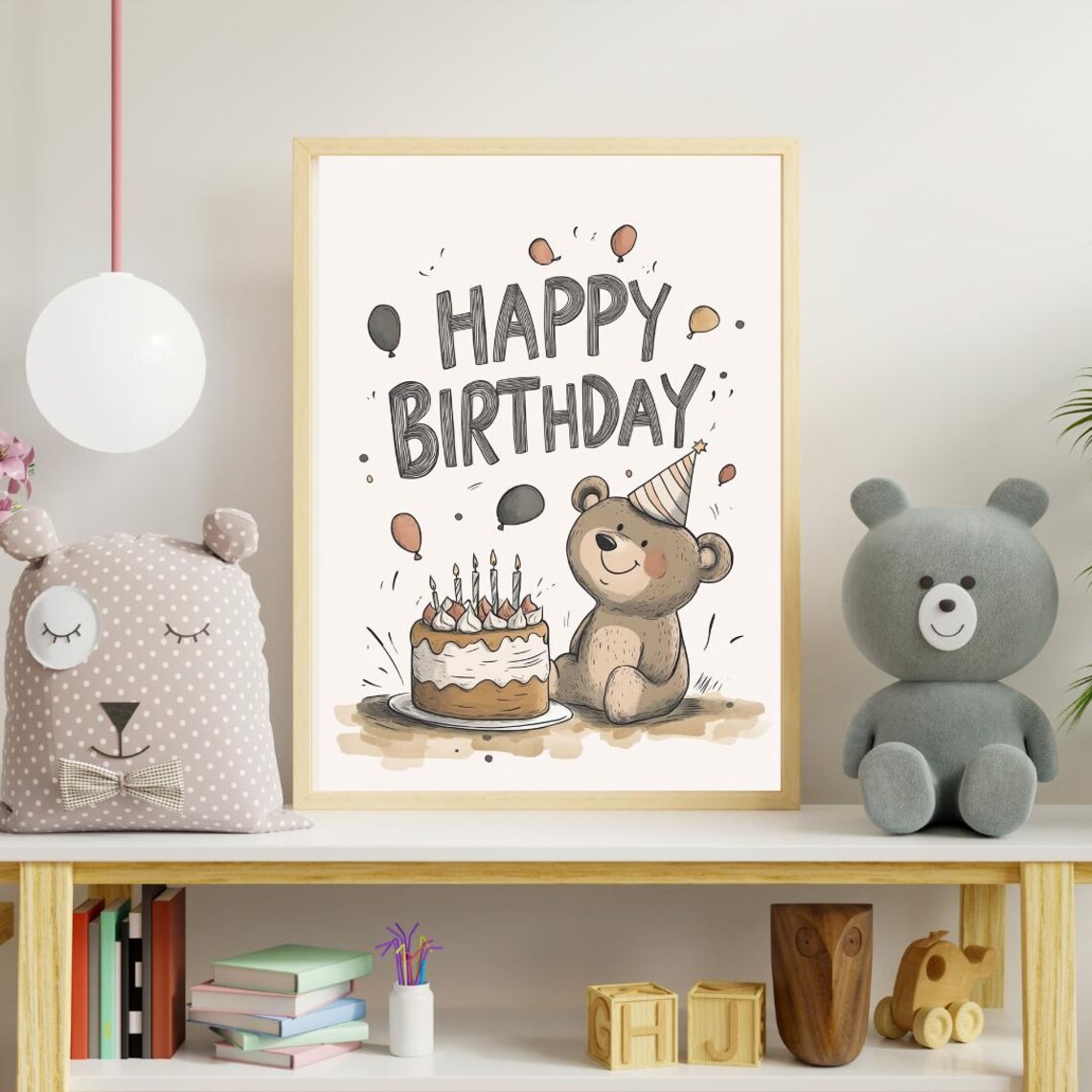 Teddy Bear With Party Hat And Cake, Happy Birthday - Image 2