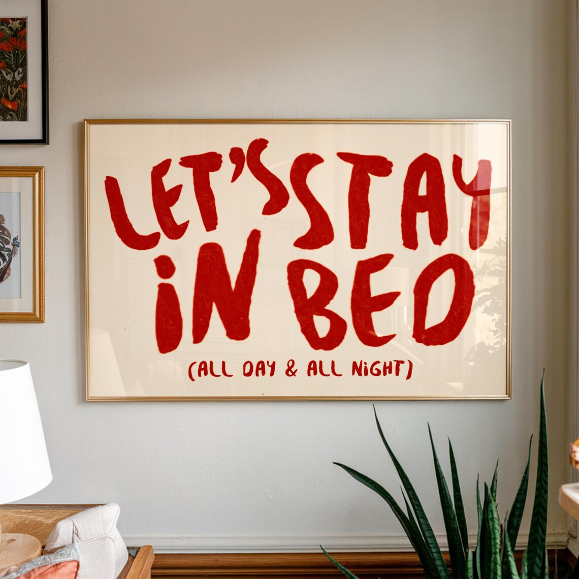 Lets Stay in Bed Funny Quote Typography Poster Red Bedroom Wall Decor