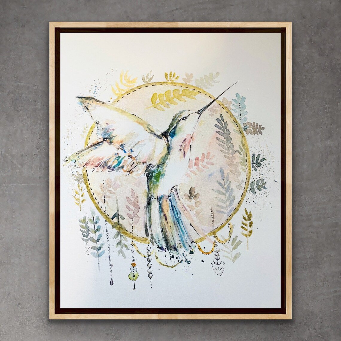 Jewelled Hummingbird Circle, Boho Watercolour Art Print