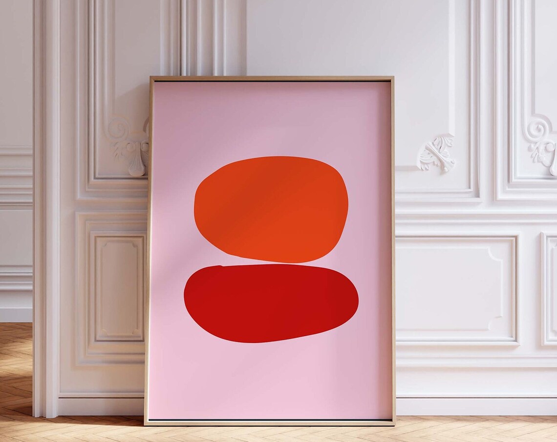 Minimalist Abstract Two Bold Red Organic Shapes on Pink Art Poster